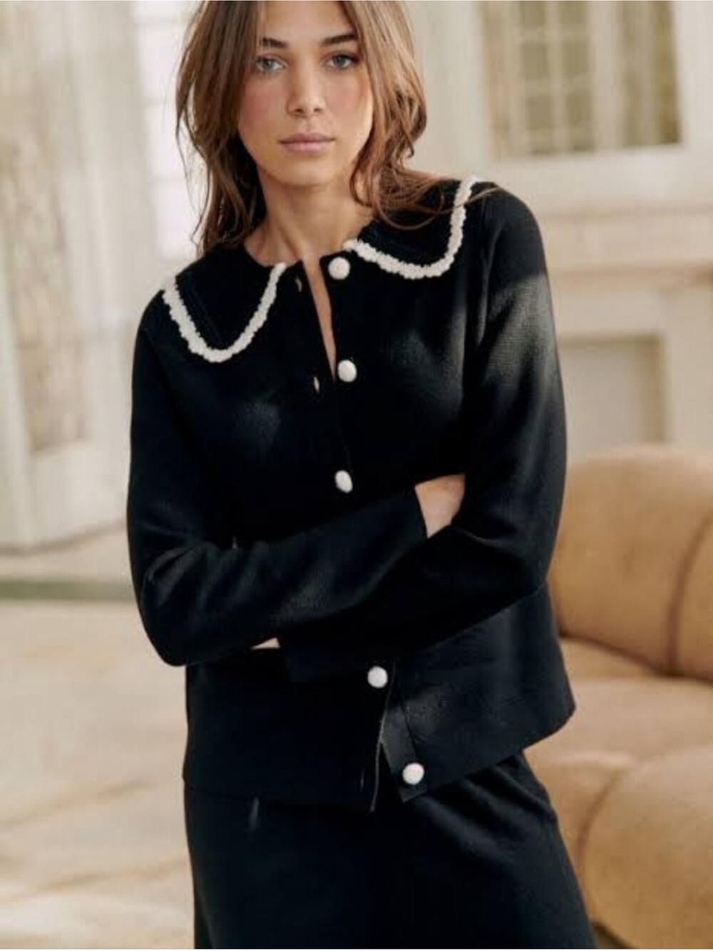 Sezane Bettany Cardigan Noir / Ecru - Size XS